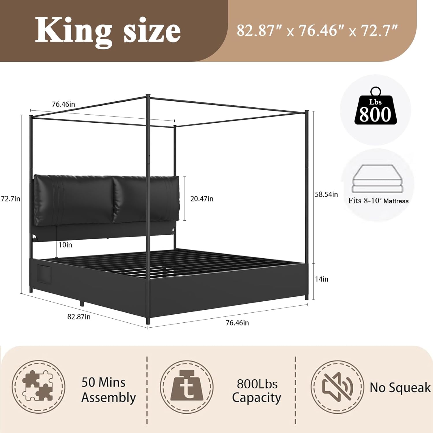 Modern Canopy Bed Frame with Upholstered Faux Leather Headboard – Tall Four Poster Metal Platform Bed, No Box Spring Needed, King Size, Black