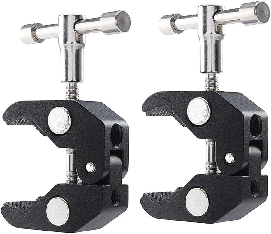 Super Clamp FOTYRIG Camera Clamp Mount with 1/4" 3/8" Thread, Max Open 2.16"/6cm for Camera Photo Studio Photography Light Stand, Tripod, Monopod, Magic Arm, Flash Light and More-2 Pack