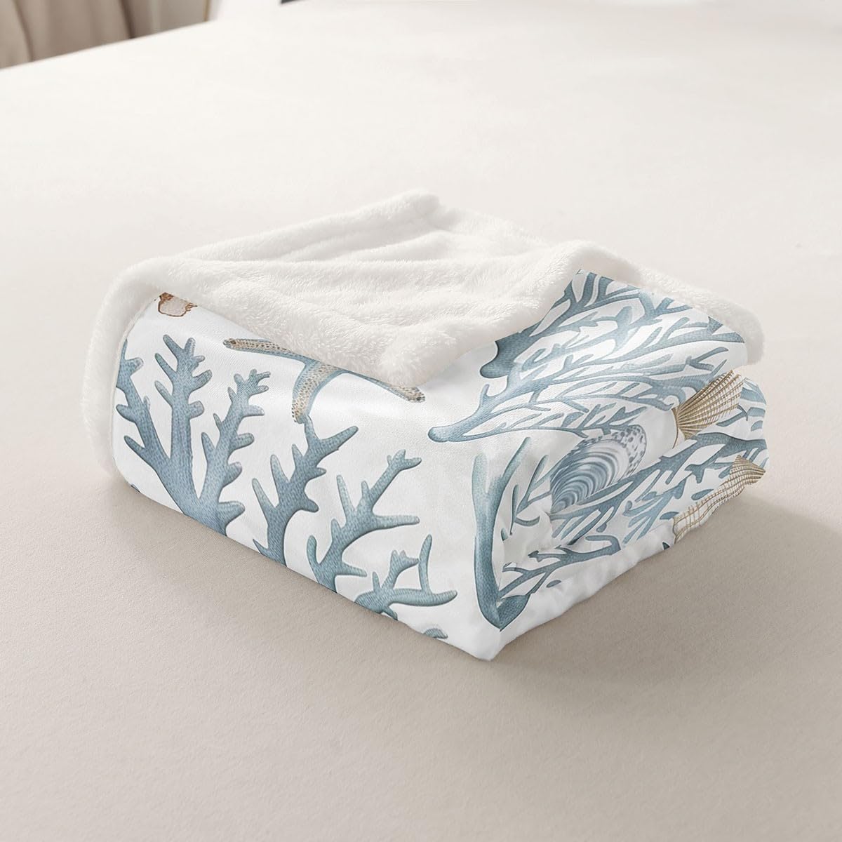 Erosebridal Nautical Seashell Starfish Fleece Blanket Queen 90x90 Blue Coastal Ocean Beach Sherpa Blanket Coral Sea Decor Set Marine Life Underwater Fuzzy Plush Throw