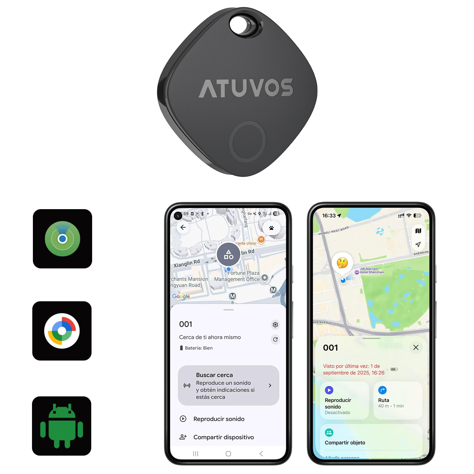 ATUVOS Air Tag Pro Smart Tag Tracker para Android & iOS, Dual Sistema Buscador de Objetos Compatible con Google Localizador o Apple Buscar APP, para Llaves/Equipaje/Maleta.Batería Reemplazable. 1 Pack - 2