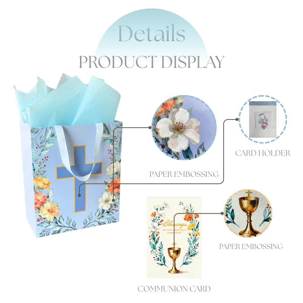 Noyi Traxd Large Blue Baptism Gift Bag - 10" x 5" x 11.8", with Cross Design, First Communion Card and Tissue Paper for Baby Boy Baptisms, Christenings and First Communions Religious Occasion