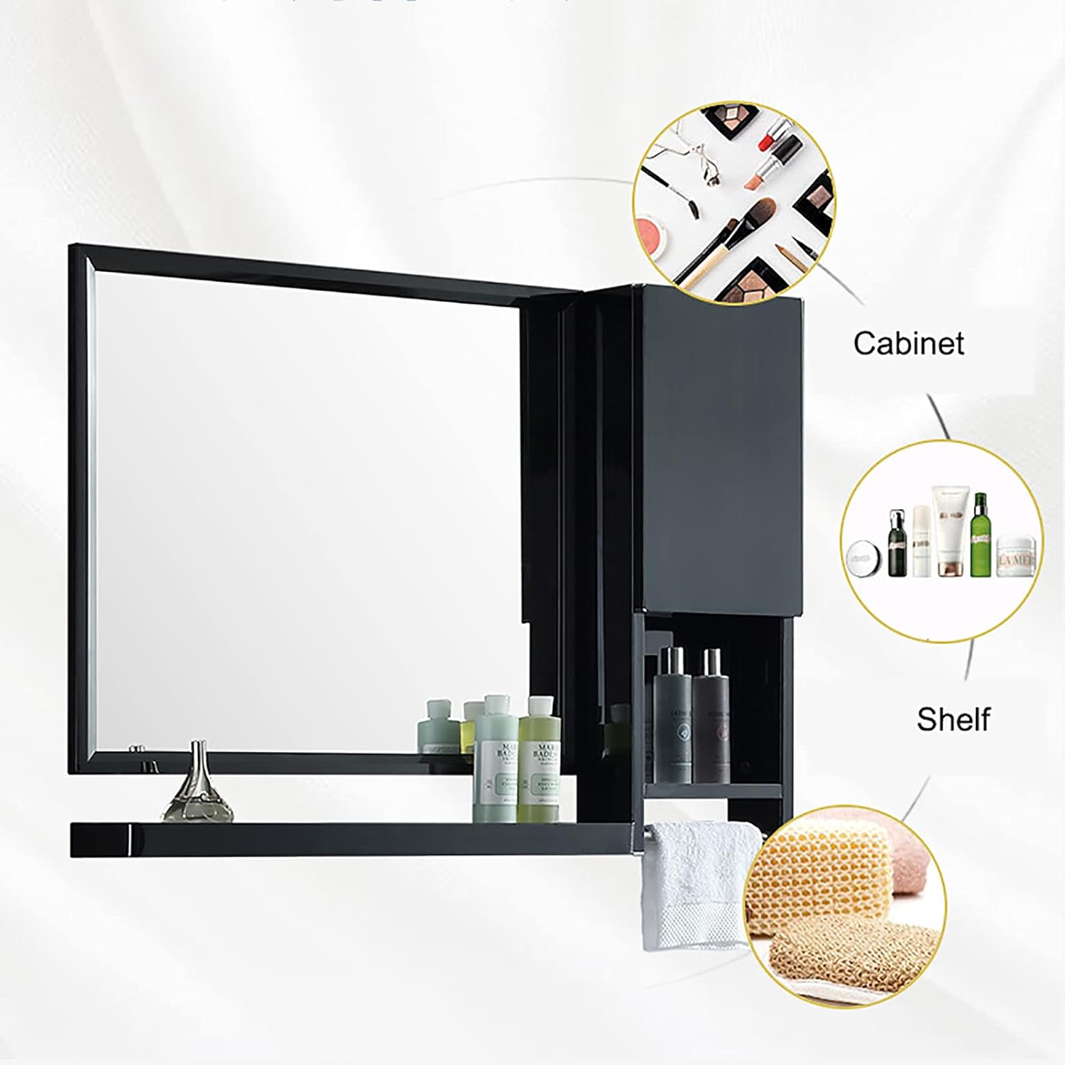 Aluminum Bathroom Mirror with Storage Cabinet Wall Mounted Mirror with Shelf， 90° Folding Towel Rack Design Storage Mirror Cabinet