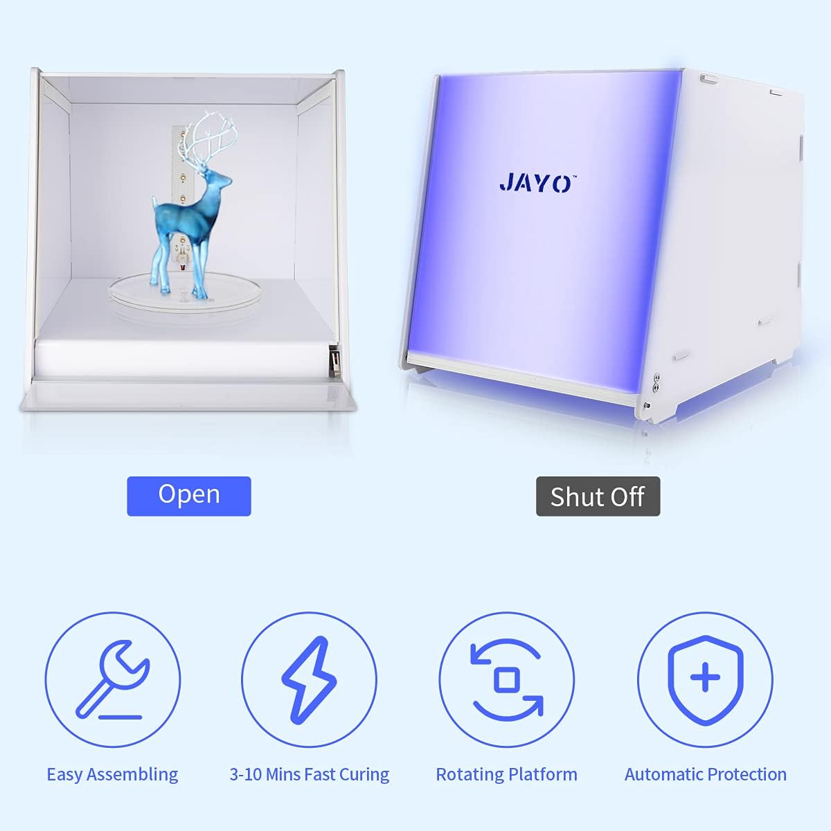 JAYO Resin Curing Box, Assemble UV LED Light Curing Station for 3D Printer Model, with 360° Electric Turntable and Smart Adjustment Timer for a Fasting Curing on SLA/DLP/SLA 3D Print UV Resin Models