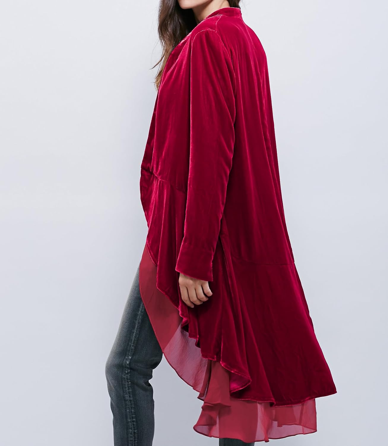 R.Vivimos Womens Ruffled Asymmetric Long Velvet Blazers Coat Casual Jackets