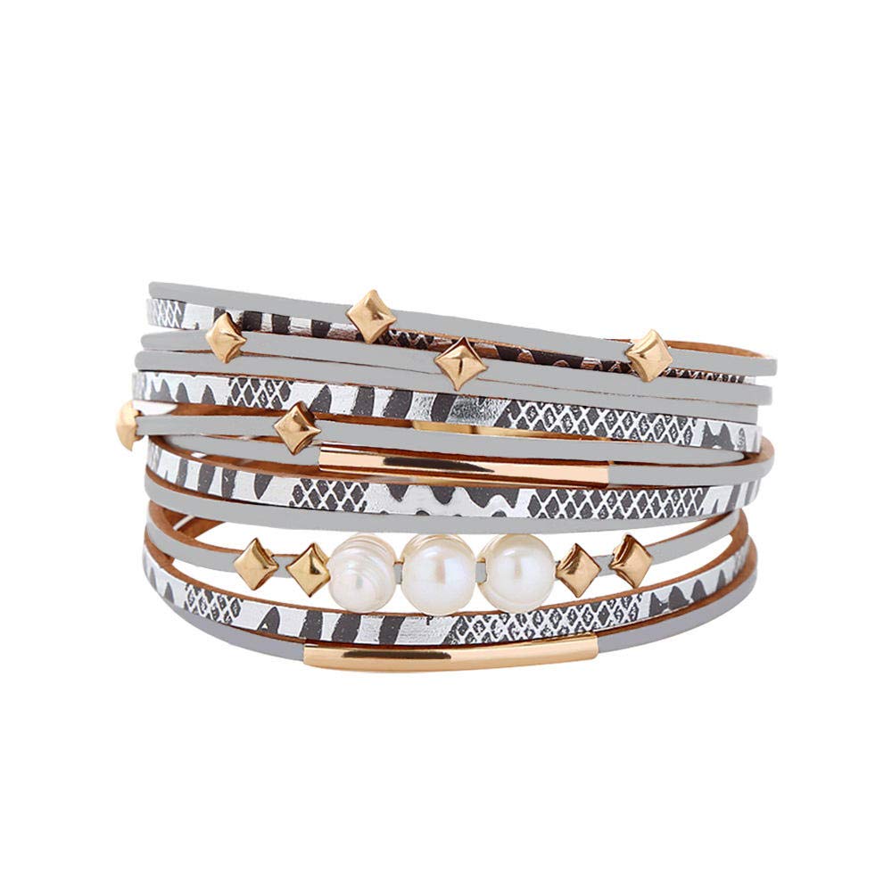 Pulsera De Cuero Para Mujer,Pulsera De Cuero Vintage De Múltiples Capas Moda Gris Perla De Agua Dulce Pulsera De Doble Círculo Pulsera De Mujer Pulsera De Joyería Pulsera De Perlas Ropa Personalizada
