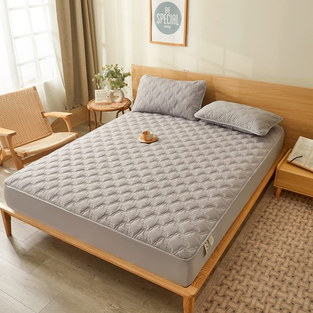 Quilted Fitted Sheet Mattress Pad - Bottom Sheet Mattress Cover, Elastic Fitted Mattress Protector - Deep Pocket - Soft Microfiber-1 Fitted Sheet Only (Gray, Queen)