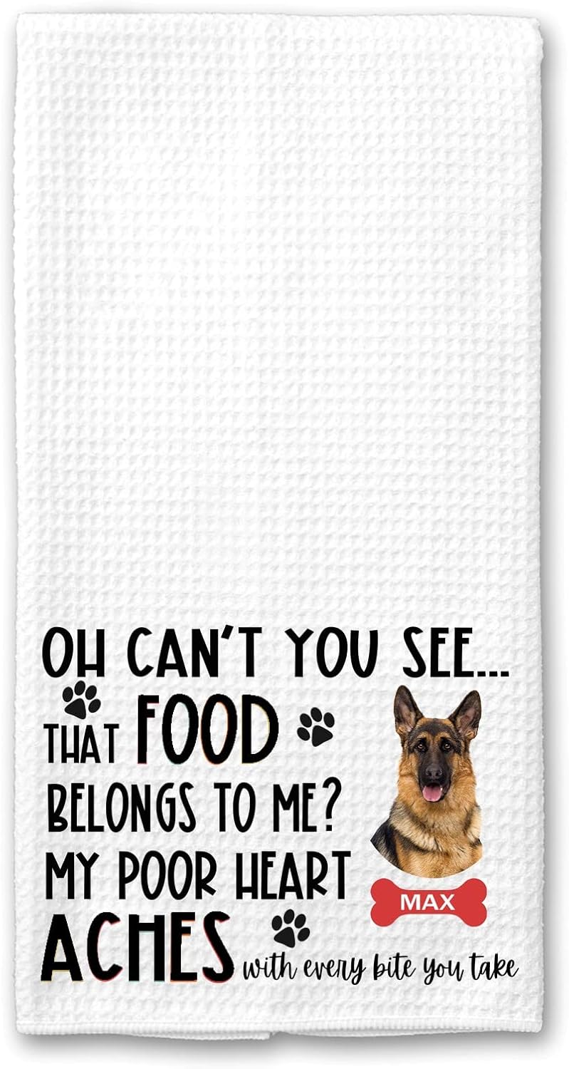 Studio 9Thirty3 Personalized German Shepherd Kitchen Towel, Gift for German Shepherd Dad Mom, Funny That Food Belongs to Me Tea Towel, Hostess Gift (German Shepherd with Name)