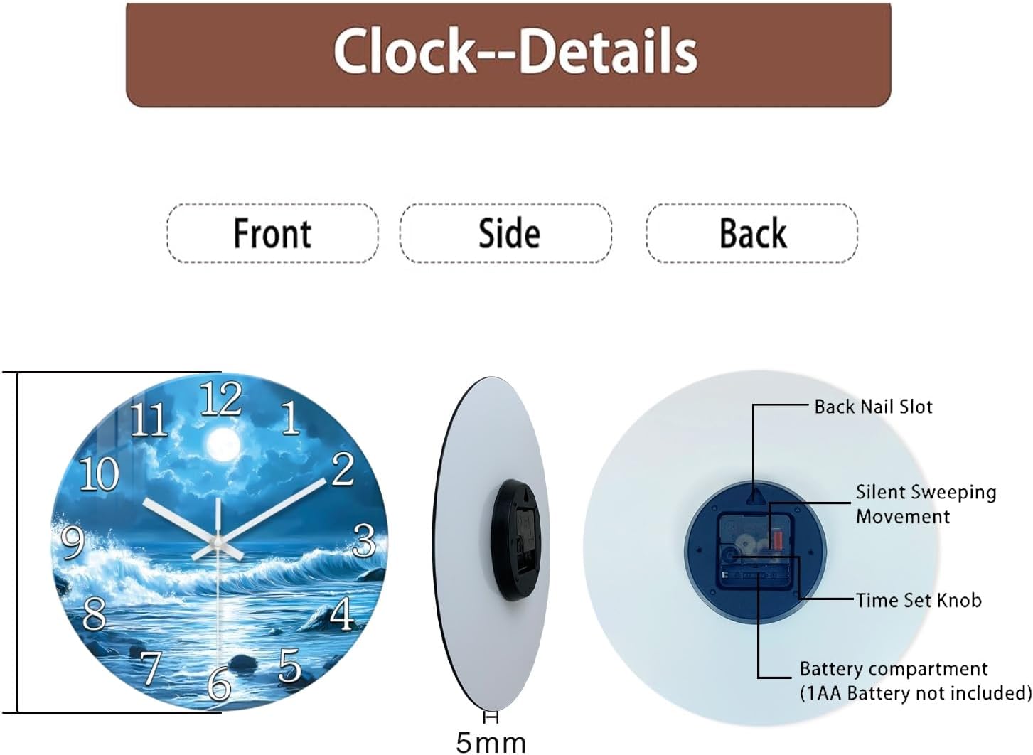 XFM Blue Wall Clock 16 Inch Silent Wall Clocks Battery Operated Moon Ocean Wave Round Clocks for Living Room Kitchen Bedroom Decor