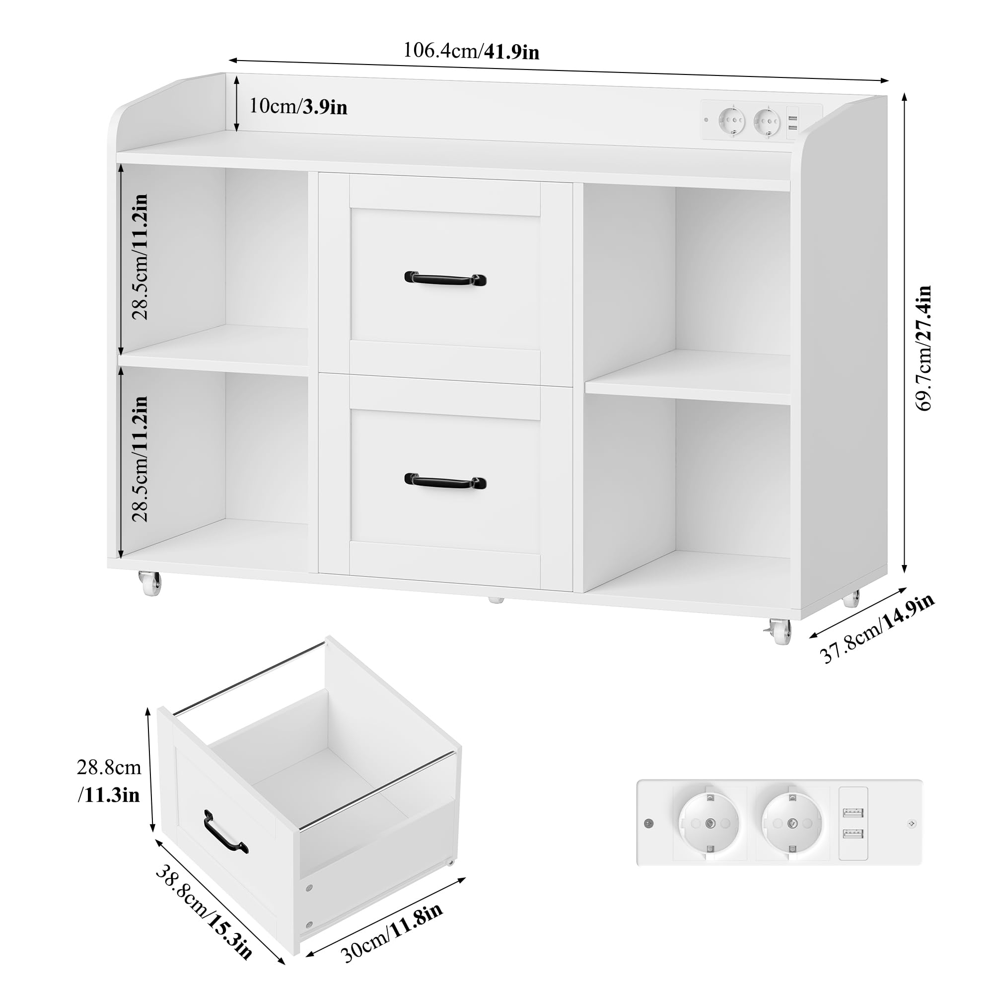 HOCSOK Armadietto Portadocumenti, Schedario da Ufficio, con Presa di Corrente e Porte USB, Cassettiera Ufficio a 5 Ruote, Cassettiera Scrivania per Documenti A4/Legal/Letter, Bianco, 108 * 37.8 * 76
