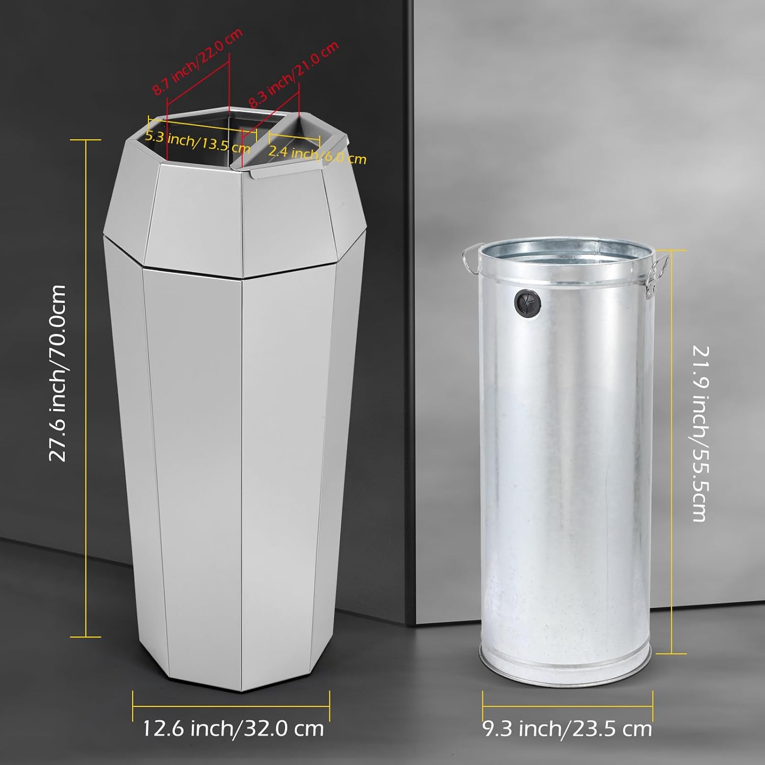 Dyna-Living Commercial Trash Can Large Garbage Can with Lid, Open-top Tall Stainless Steel Trash Bin Industrial Garbage Container for Patio Lobby, Silver