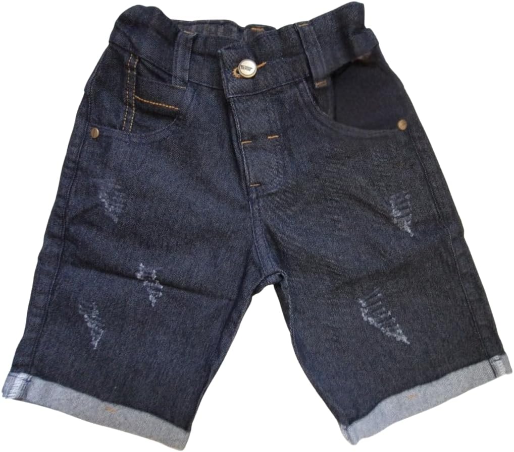 Bermuda Jeans Rasgada Infantil Menino com Lycra, Regulador na Cintura, 3 Bolsos Frontais, 2 Bolsos Traseiros, Tamanhos 2-6, Cor Preta