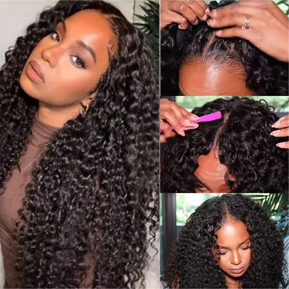 UNILO V Part Wig Human Hair No Leave Out Upgrade Curly V Part Wig Human Hair Wig for Women 150% Density V Part Wig No Glue No Sew Clip In Half Wigs Natural Color 20 Inch