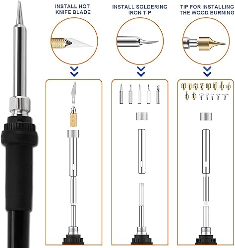 Miniatura 5 de Kit de combustión de madera 2 en 1 de 100 W con 2 bolígrafos de leña, 82 piezas de pirografía con 33 puntas de alambre y 31 puntos sólidos, ajuste