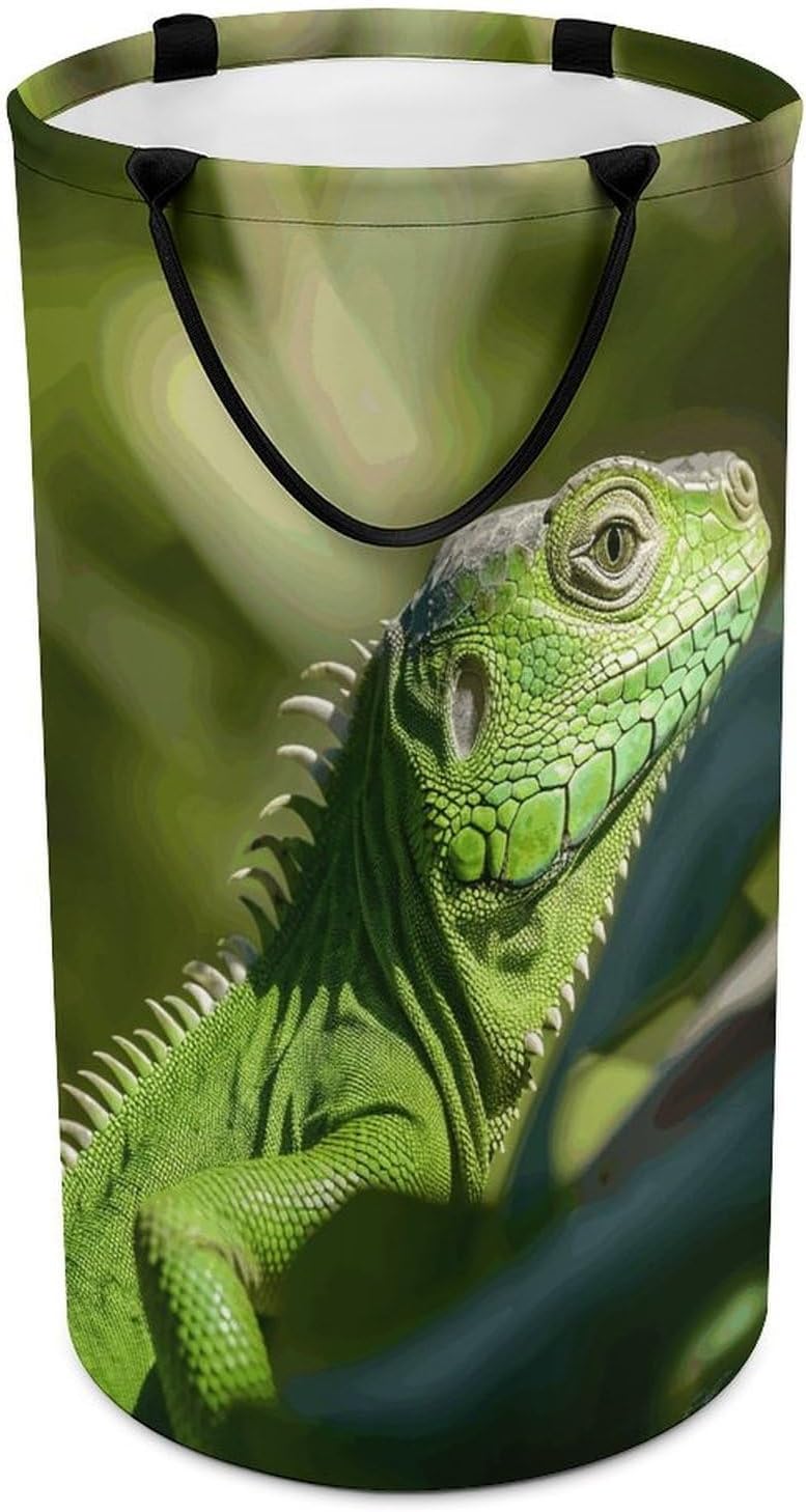 Green Lizard Laundry Hamper with Handles Waterproof Collapsible Laundry Basket Large Lightweight Round Dirty Clothes Hamper for Home Dorm Bathroom Decor