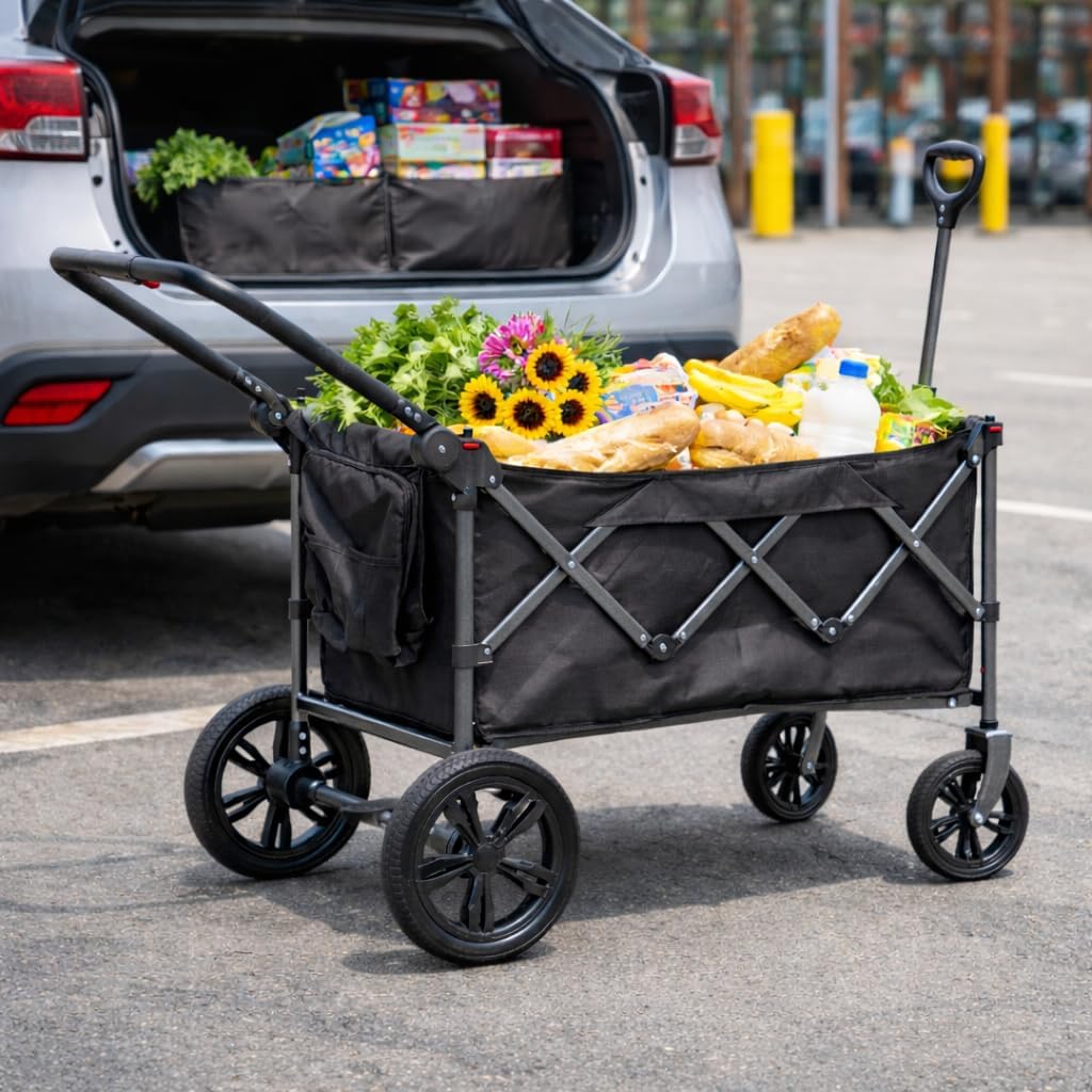 Stroller Wagon for 2 Kids, Folding Pull Push Cart with Removable Canopy, Big All Terrain Wheels, One Step Brake, 5 Point Safety Harness