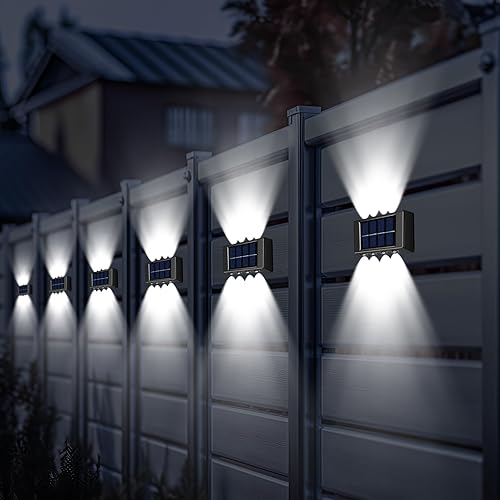 Miniatura 6 de Paquete de 8 luces solares de pared para exteriores, 6000 K, luces solares frías de valla hacia arriba y hacia abajo, lámparas LED decorativas