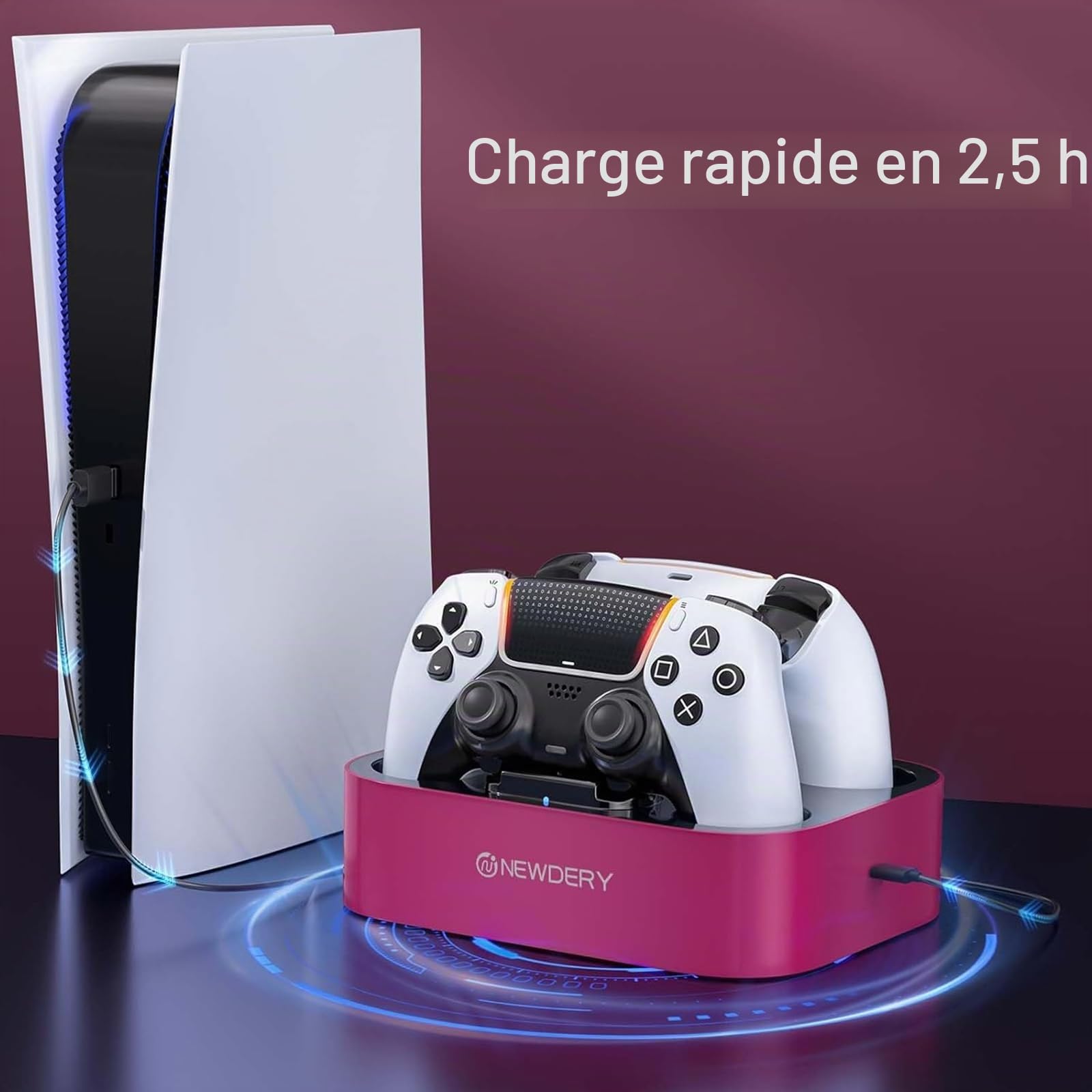 NEWDERY Station De Charge Pour Manette PS5 Compatible Avec Manette Dualsense Edge, Station De Charge Rapide Avec Câble