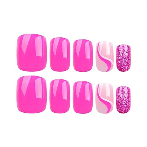 Miniatura 6 de Uñas postizas a presión de color rosa intenso, uñas postizas cortas cuadradas con purpurina con diseño de ondas, uñas postizas acrílicas a presión,