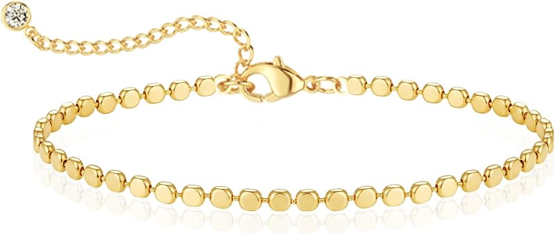 14K Gold Plated Handmade Dainty Dot Bracelet Cute Thin Everyday Bracelets for Women Men Size 6.5"+2" Extender