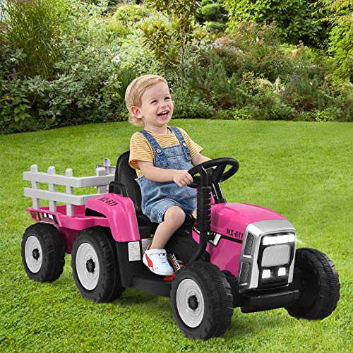 Image of Costzon Ride on Tractor with Detachable Trailer, Kids' Electric Vehicles w /3-Gear-Shift Ground Loader, Wireless Design & USB, 7 LED Headlights, Remote Control Tractor Toy for Kids 3+ (12V, Pink)