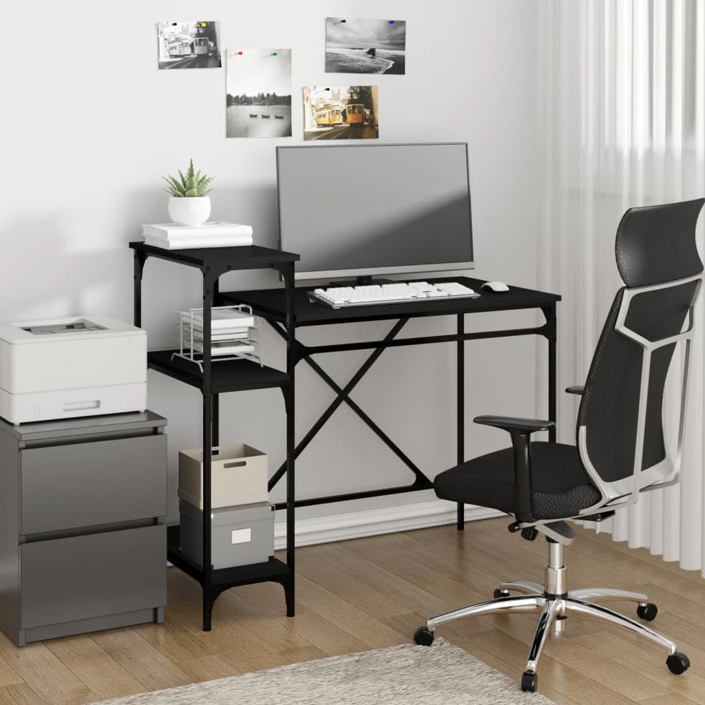 Scrivania Porta Computer con 3 Ripiani 105x50x90 cm Nera | Scrittoio salvaspazio in stile industriale con scaffali portaoggetti, ideale per studio, ufficio o camera da letto.