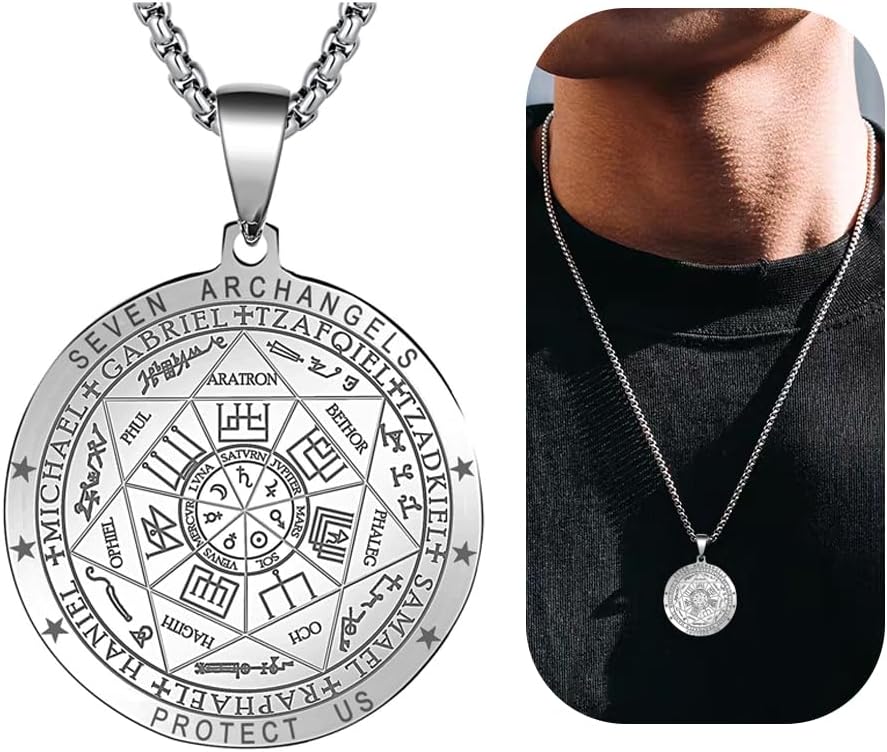 FLYUN Seal of The 7 Archangels Pendant Necklace for Men,Seven Archangels Protection Necklace for Men, Mens Spiritual Talisman Amulet Jewelry