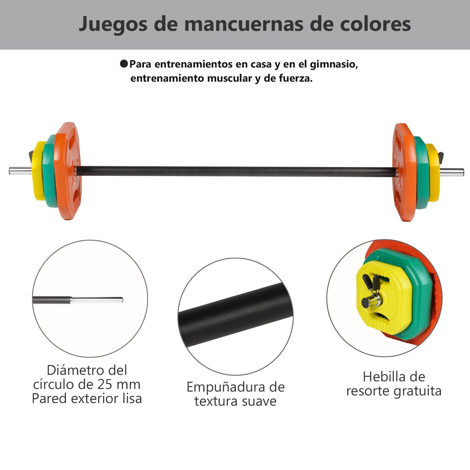 ALLINLIFE Set de Pesas con Barra y Discos, Kit de Musculación con 8 Discos de Colores, 1 Barra de Acero, 2 Cierres de Seguridad