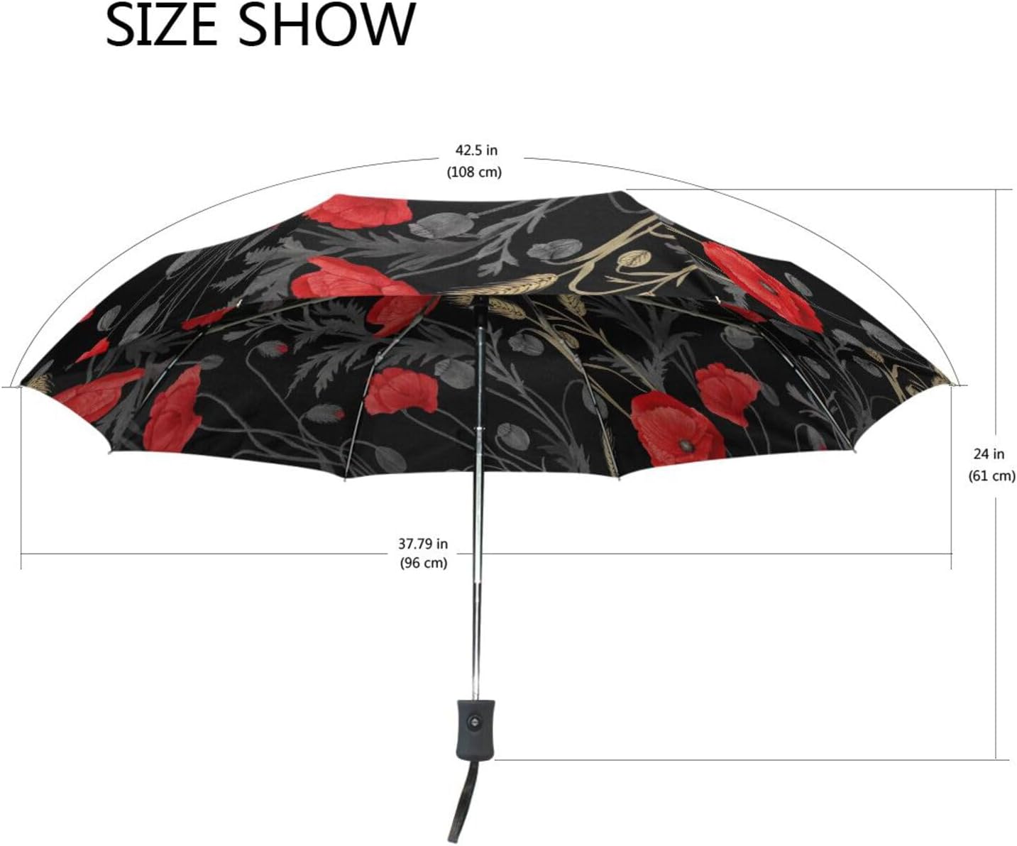 GAIREG Flower Poppy Black Umbrellas for Rain, Auto Open Close Collapsible Umbrella, Ideal for Car, Purse, Men and Women OneSize