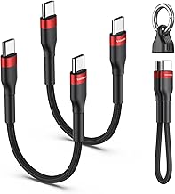 PD 60 W USB C Cable Short (2 Pieces), USB C to USB C Cable Short 19 cm with Key Ring, Fast Charging Cable Type C Charging Cable Nylon Braided for 1Phone 15 16 17 / Samsung S23 S24 S25, Pad/MacBook