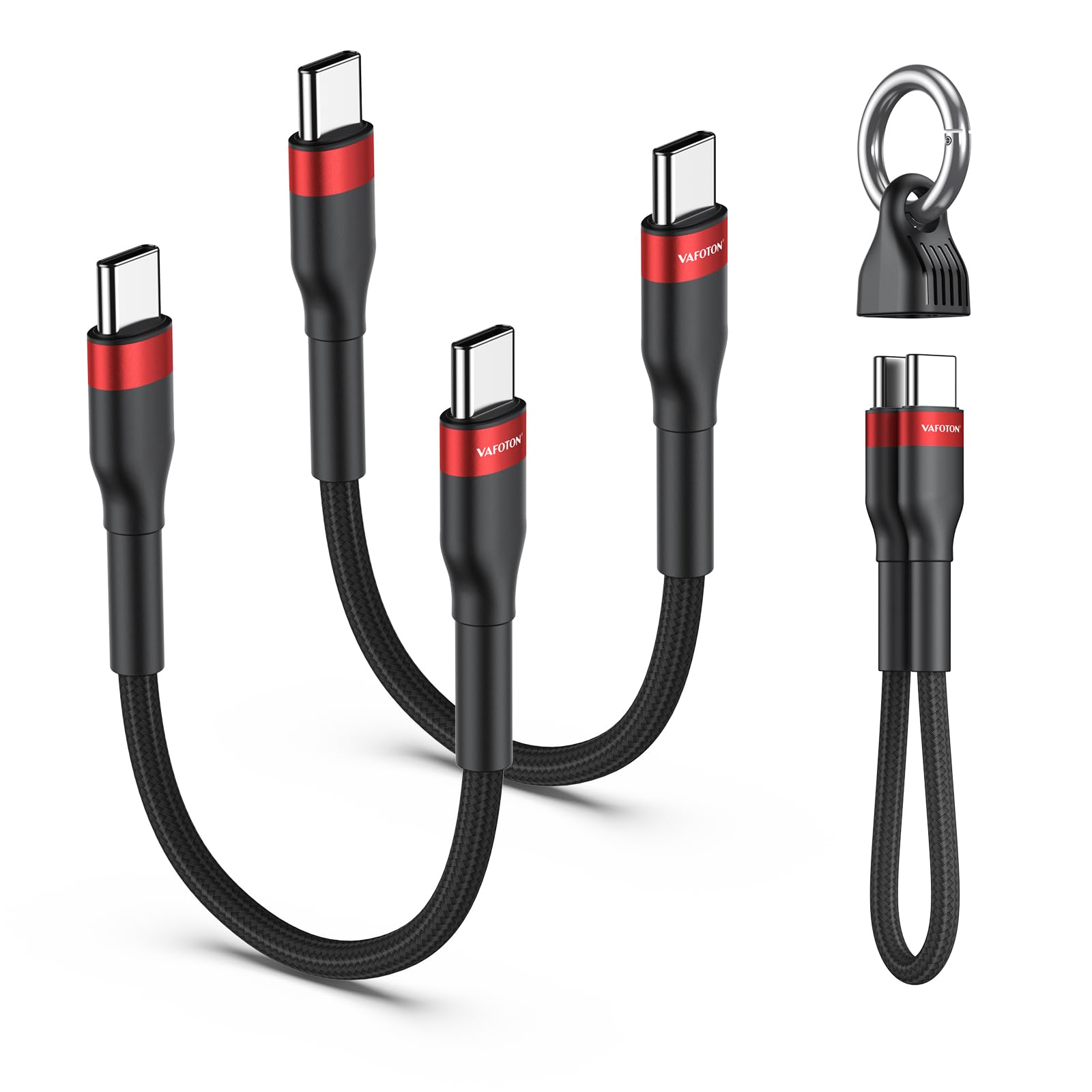 USB C auf USB C Kabel Kurz 60W(2Stück), USB C Ladekabel Kurz 19cm mit Schlüsselanhänger, 3A/20V PD 3.0 & QC 4.0+, Schnellladekabel USB Typ C, für 1Phone 17/16/15, Samsung S25/S24/S23, Pad,MaBook (Rot)