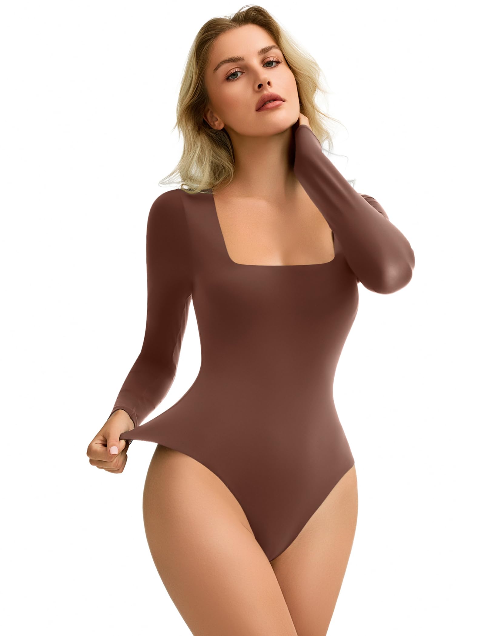 Avidlove Body de manga larga para mujer, con doble forro, cuello cuadrado, cierre a presión, suave