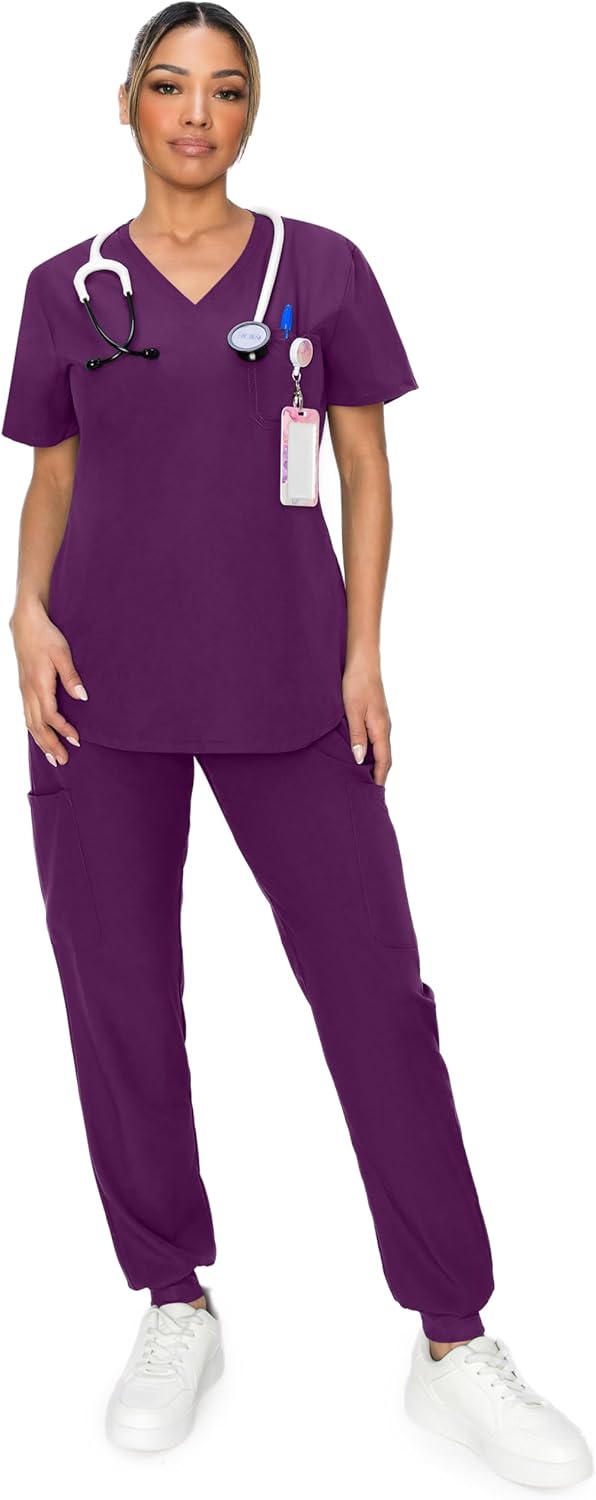 Minty Mint Women's Stretchy Scrubs Sets w Contrast Draw String Jogger Pants Purple S