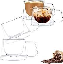 Double Wall Insulated Espresso Glass Cups, Set of 4 Glass Coffee Mugs, 6oz Double Wall Thermal Insulated Cups with Handle, Espresso Latte Cappuccino Stackable Glassware