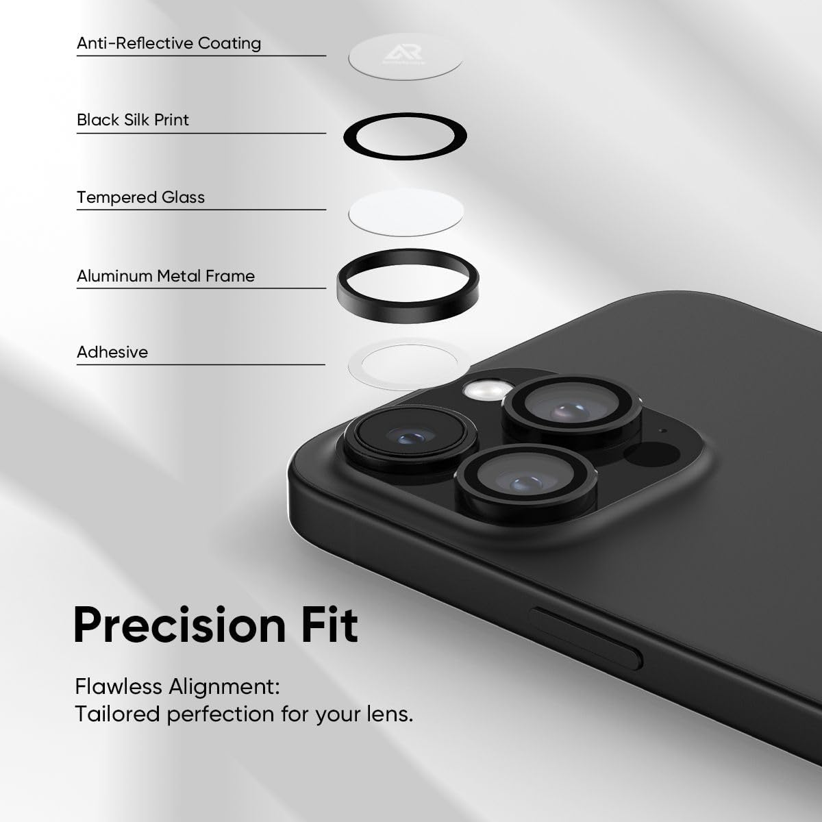 FLOLAB NanoArmour Anti-Reflective for iPhone 16 Pro Max/iPhone 16 Pro Camera Lens Protector - Durable Tempered Glass with Aluminum Ring, TruColors, Ultra Clear, Easy Install - Black