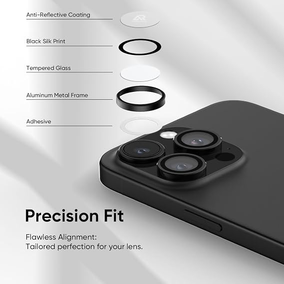FLOLAB NanoArmour Anti-Reflective for iPhone 16 Pro Max/iPhone 16 Pro Camera Lens Protector - Durable Tempered Glass with Aluminum Ring, TruColors, Ultra Clear, Easy Install - Black