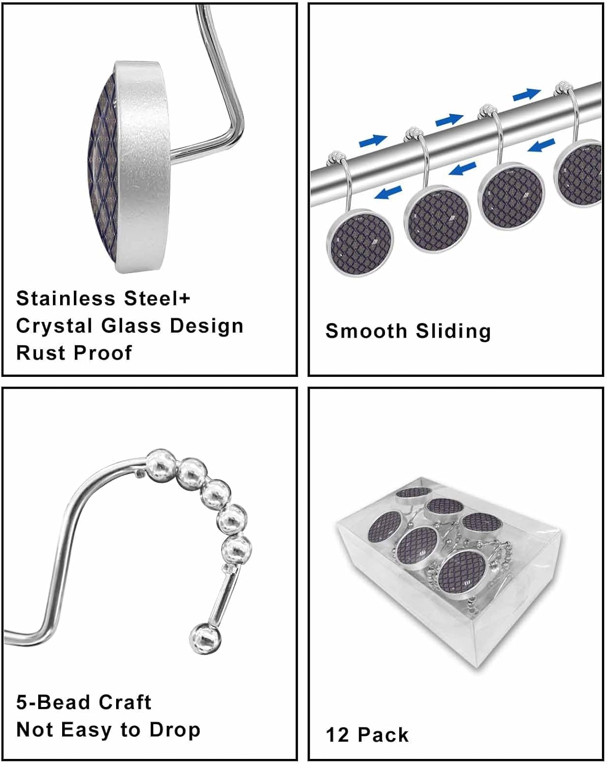 Shower Curtain Hooks 12 Pcs, Blue Retro Abstract Art Modern Geometric Stainless Steel Rust Proof Rolling Shower Curtain Rings, Decorative Shower Curtain Hooks Hangers for Bathroom