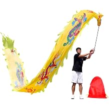 Dragon Poi with 3D Dragon Head, Dragon Flag Poi for Gymnastics Training, Chinese Flinging Ribbon for Dance PartiesYellow,26 ft