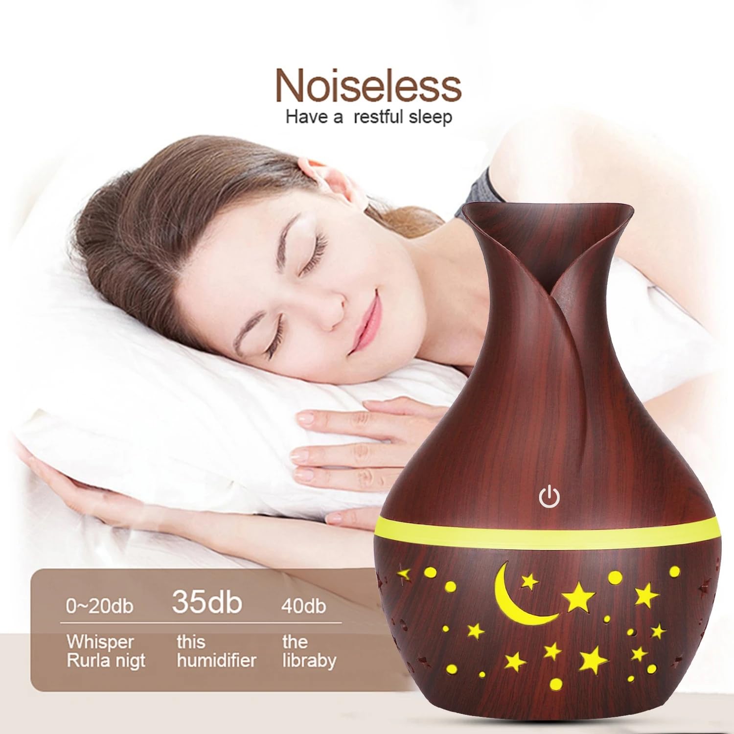 mobigon Wood Cool Mist Ultrasonic Humidifier for Room Moisture, Aroma Diffuser for Home, 200ml Essential Oil Diffuser with 7 Colorful Night Light, Auto Shut-Off, Home, Office, car (H.Dark Brown)