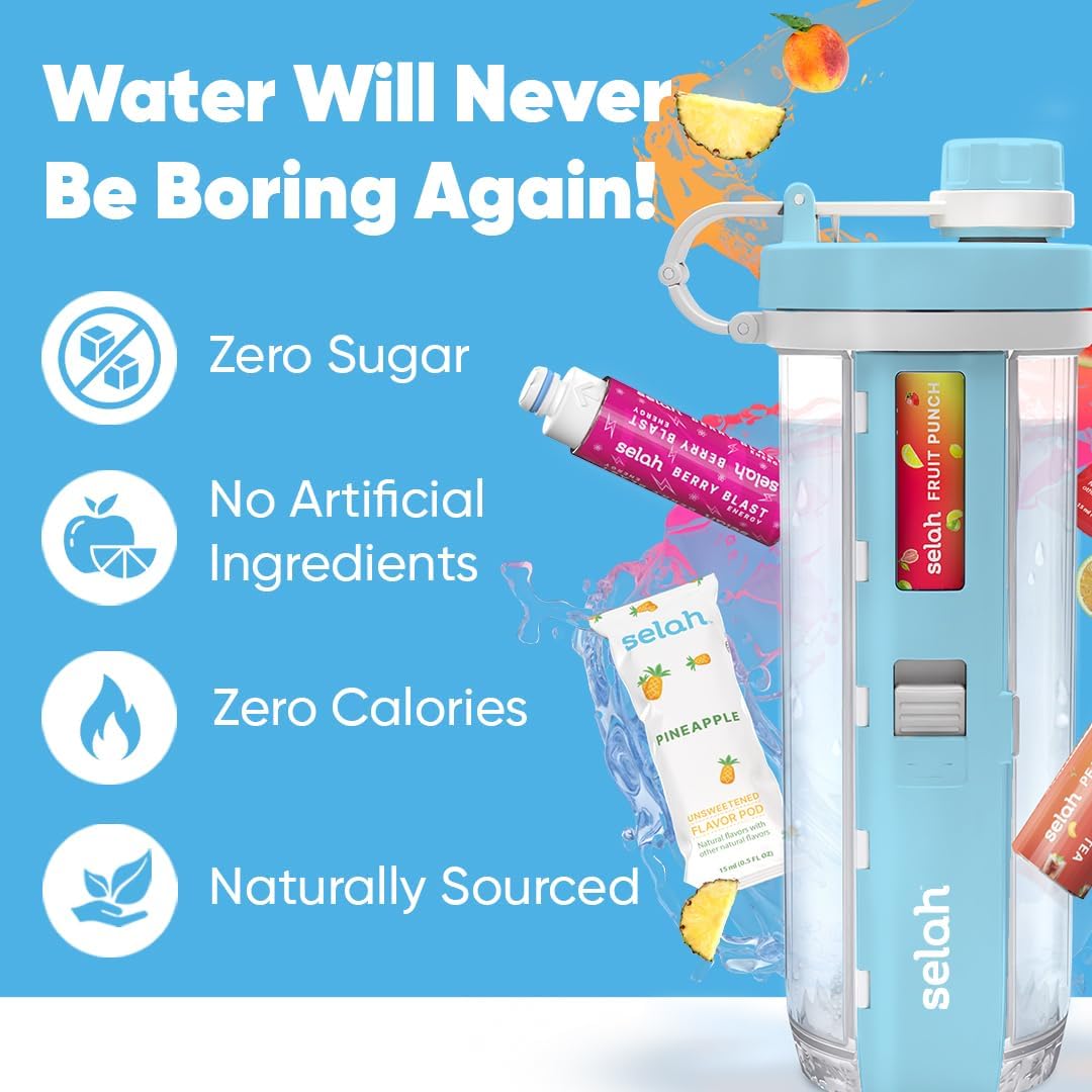 Selah Flavored Water Bottle - 20oz With Flavor Pods Included - Energy Drink, Water Enhancer, and Sports Drink Cartridges (Blue, 6 Pods)