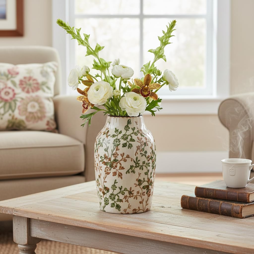 SIDUCAL Ceramic Green and Beige Antique Vase, 7 Inch Retro Ice Cracked Chinoiserie Floral Vase, Rustic Farmhouse Vases for Home Decor, Bookshelf, Office, Garden, Chinoiserie Decor, Tuscan Decor