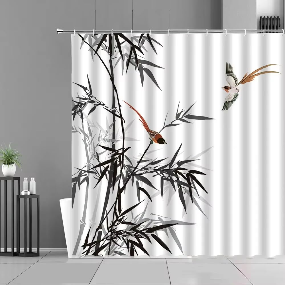 Wasserfester Duschvorhang mit Bambusblättern und Vogelmotiv, Berglandschaft mit Wasserpflanzen, Badezimmervorhang, Heimdekoration (240 x 195 cm/B x H/Farbig 1)