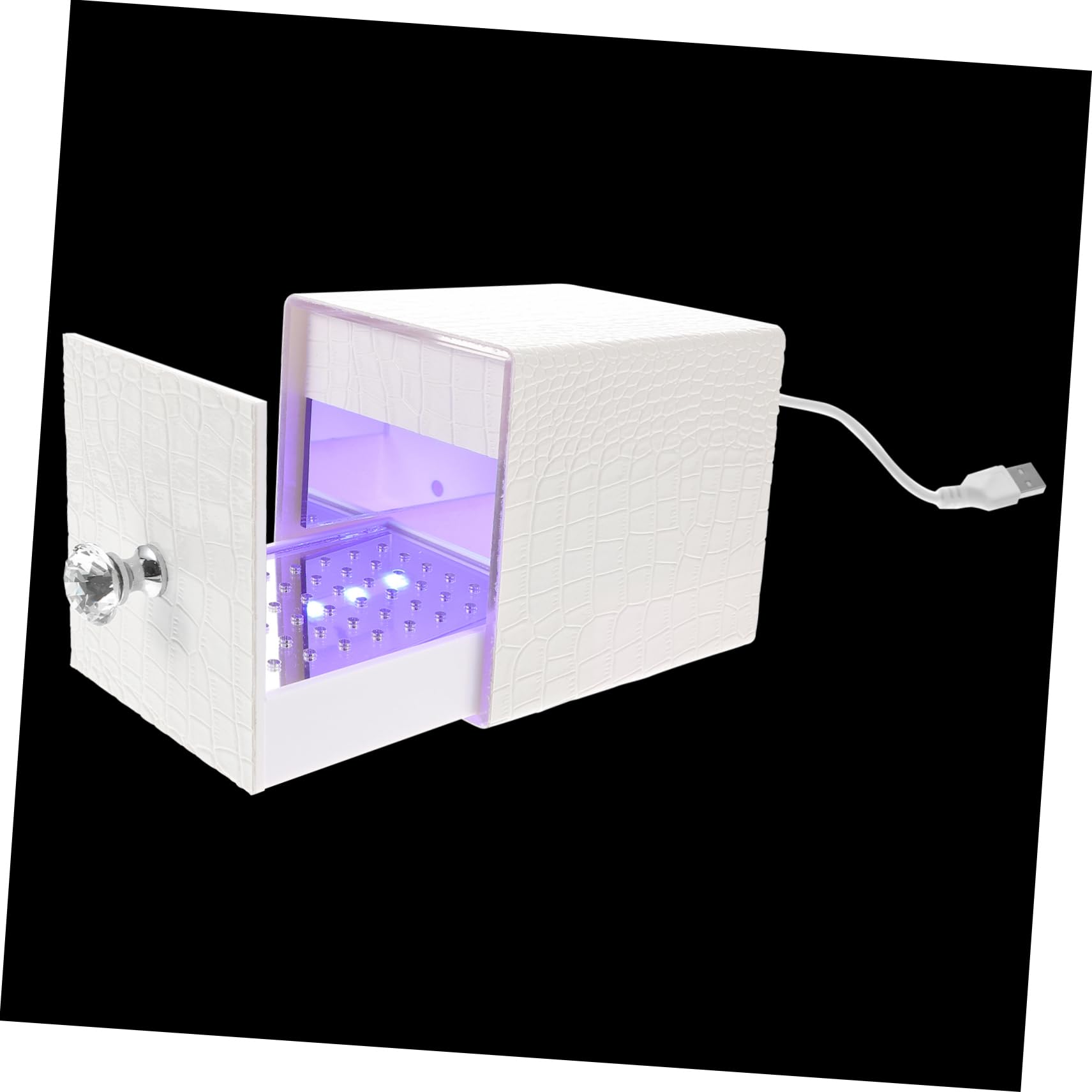 USB Nagelfräser Behälter aus Acryl und Leder in Weiß | Staubreinigung mit Blaulicht, Aufbewahrung für Fräseraufsätze, für Schulung und Übung