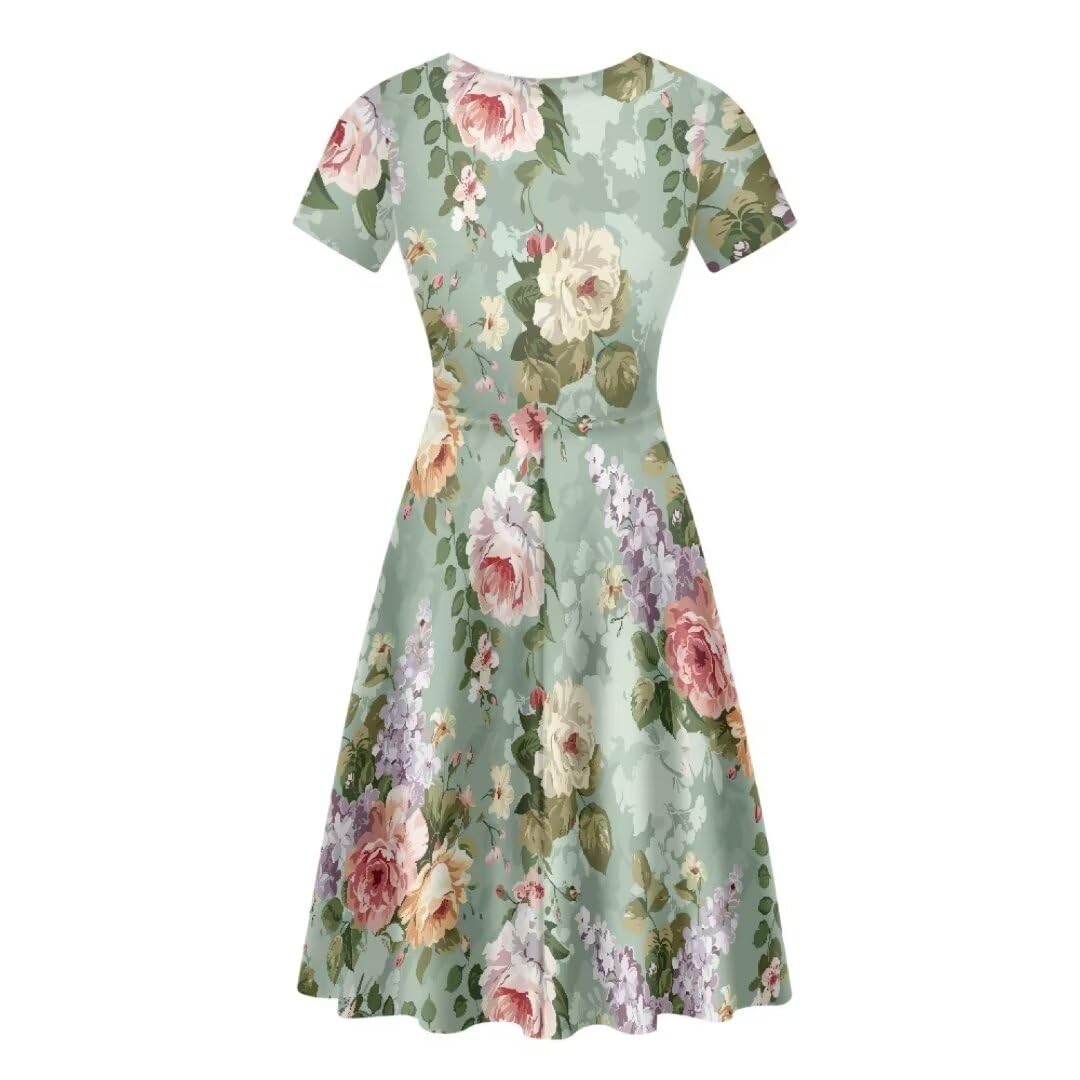 Allinterest Swing and Flare Fit Dress for Women Colorful Peony Print Short Sleeve Summer Beach Dresses with Knee Length