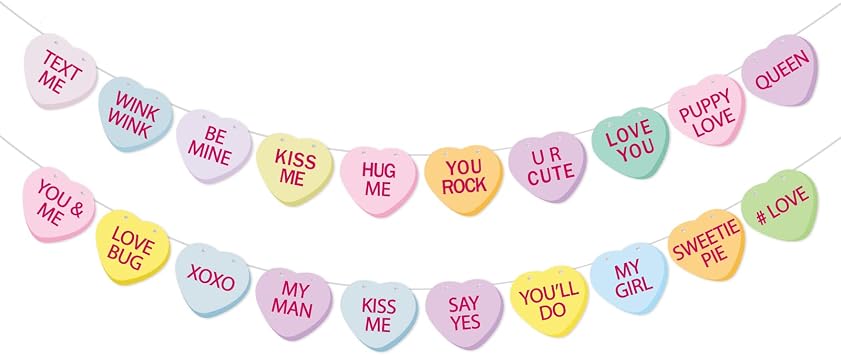 Clothmile Valentines Day Banner and Red Pink Glittery Heart Garland Banner with 20 Heart Sayings, Pre-Strung Decorations