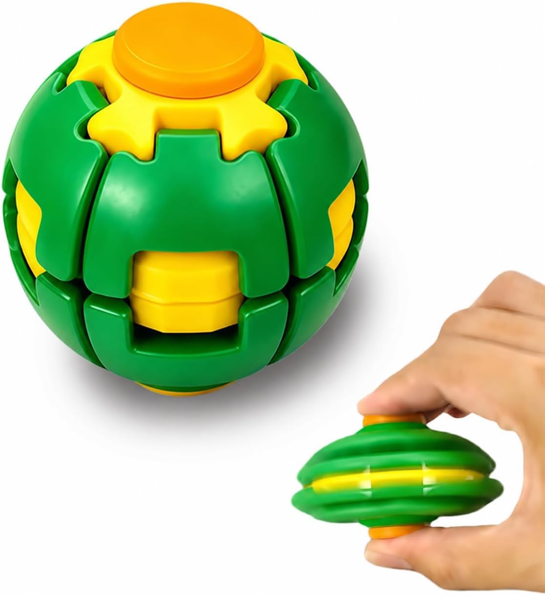 Push to Spin Fidget Stress Ball - 2 in 1 Press & Auto Rotate Decompression Toy, Dual Form Freely Switchable, Pocket Portable Fidget Spinner for Anxiety Relief (Green)