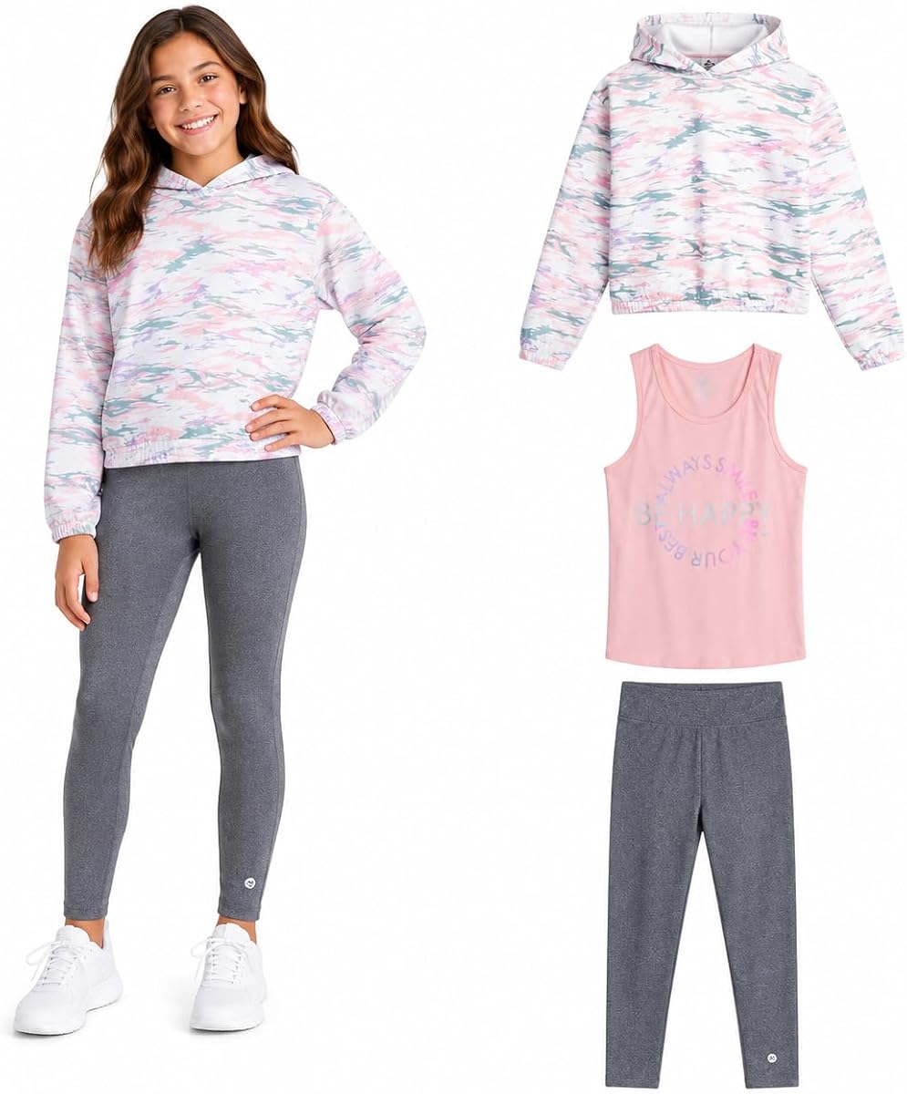 RBX Girls 3-Piece Fleece Tank Top, Pullover Hoodie & Leggings (7-12) | Elastic Cuffs and Hem, Stretchy Sporty Fit, Layer for Cool Mornings, Mix-and-Match Style for School & Play