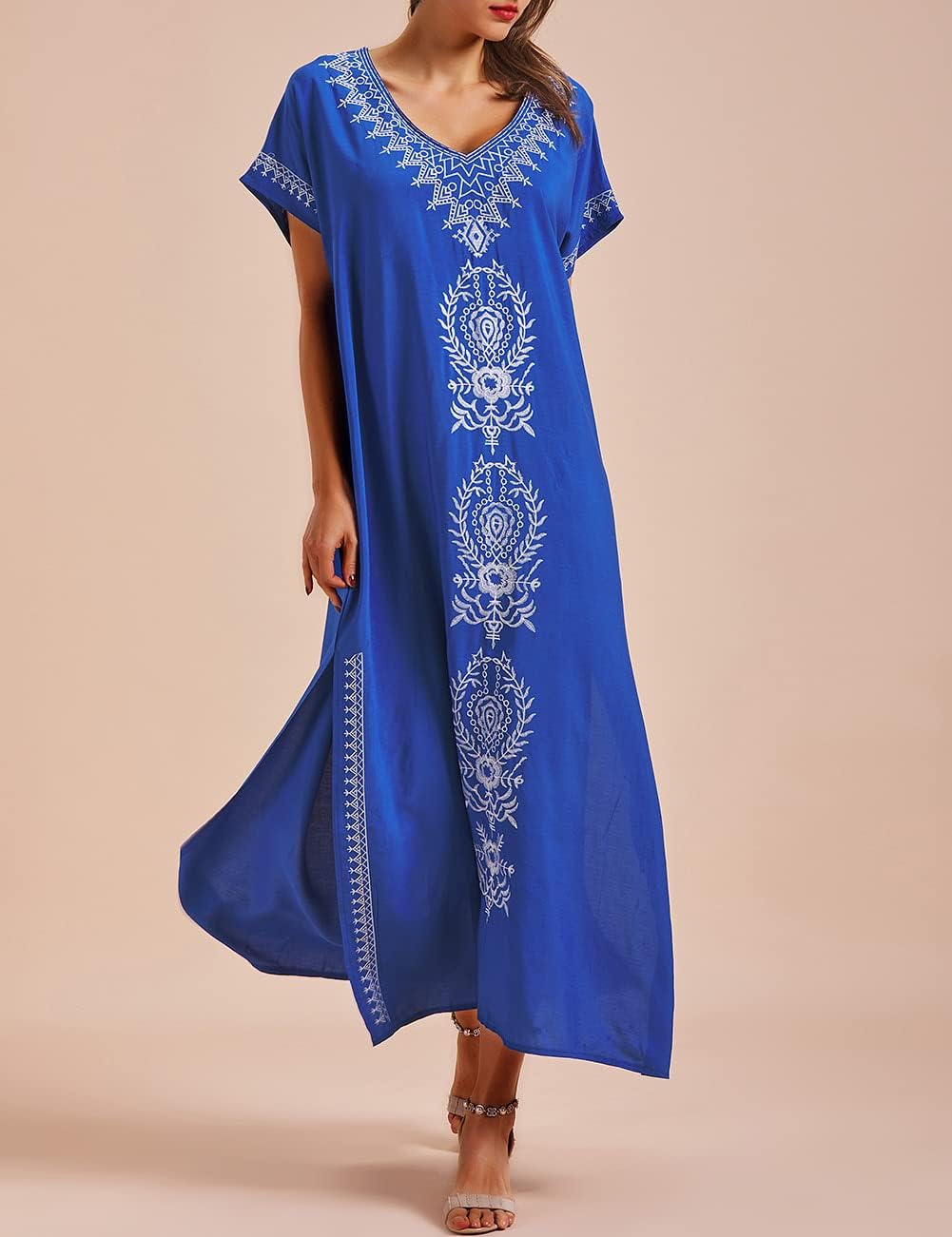 Busbseach Caftan Dresses for Women Embroidery Short Sleeve Beach Cover Up V Neck Maxi Kaftan Dress - Image 4