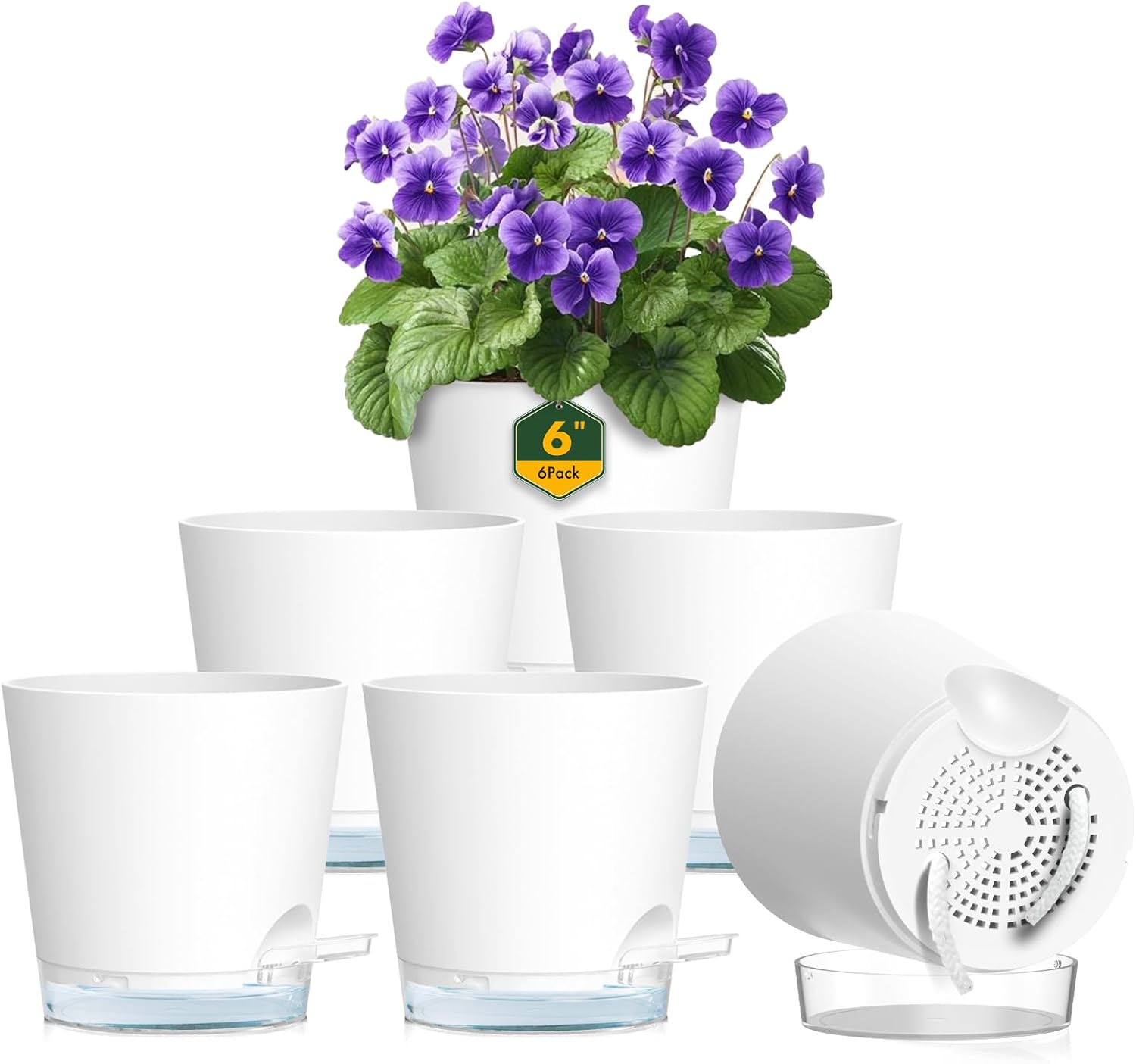 Meowell 6 inch Self Watering Pots for Indoor Outdoor Plants, 6 Pack Flower Plant Pots with Drainage Holes and Clear Reservoirs, Visible Water Level, Plastic Planters with Wicking Rope, White