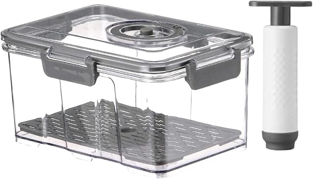 LANGYA Fridge Organizer, Stackable Vacuum Food Storage Containers Pump, Vented Lids and Drain Tray, BPA Free, Dishwasher Freezer Safe, for Fridge, Kitchen Cabinet, Pantry, Clear, 2.5L, B2.5L