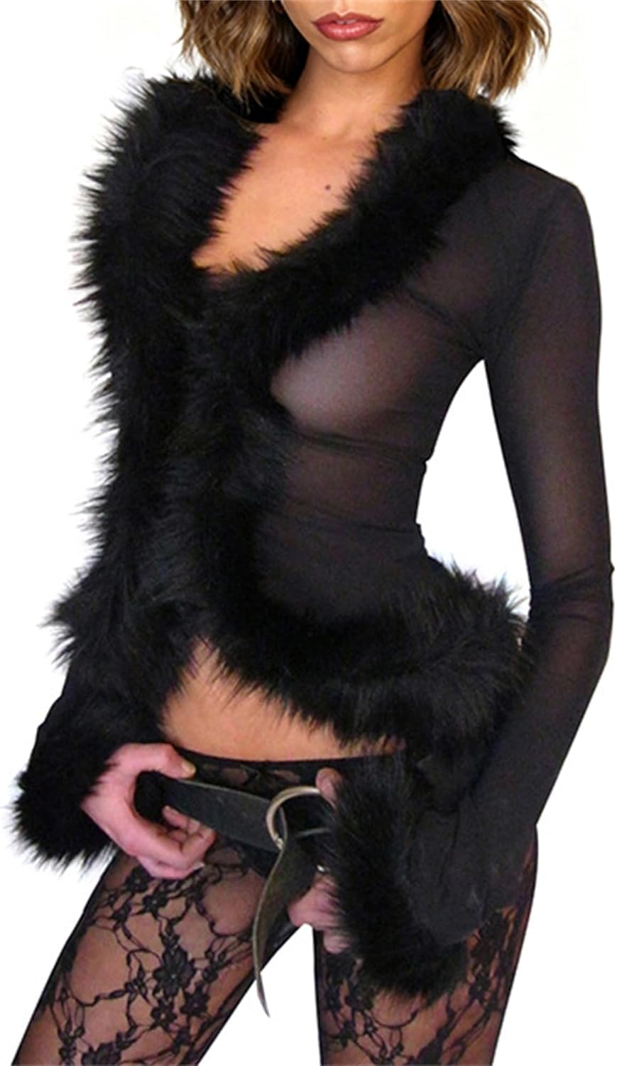 Svuitmsl Women Fuzzy Fur Trim Mesh Crop Top Long Sleeve V Neck Open Front Crop Shirt Slim Fits Y2k Fairy Rave Party Clubwear (A-Black, S)